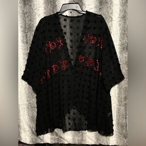 Elegant Black Sheer Textured Red Floral Detail Kimono size 1XL 14-16 NWOT